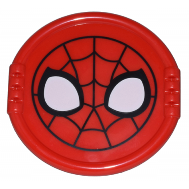 red duplo utensil disk with spider-man mask with large white eyes on black webbing pattern