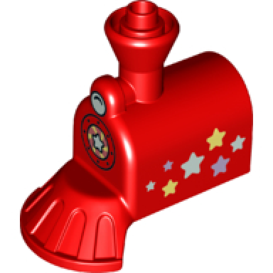 red duplo train steam engine front with cow catcher with white headlight and stars pattern
