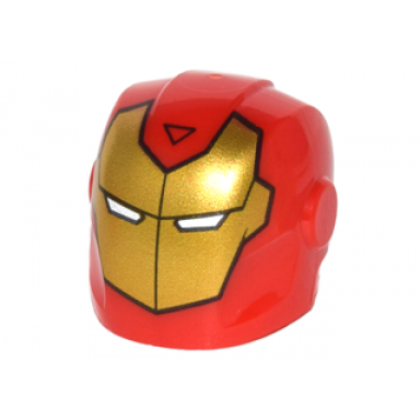 red minifigure headgear helmet armor plates and ear protectors with gold iron man mask with white eye slits and black triangle pattern