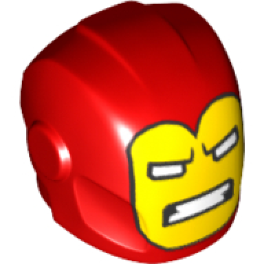 red minifigure headgear helmet armor plates and ear protectors with yellow iron man mask with white eyes and teeth pattern