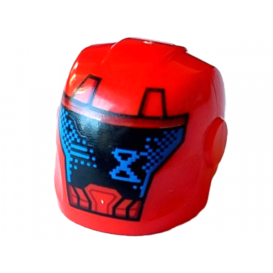 red minifigure headgear helmet armor plates and ear protectors with black faceplate blue hourglass and pixels pattern