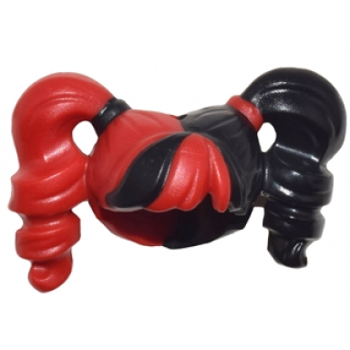 red minifigure hair female pigtails high bouncy hole on top with black hair on left side and black tie on right side pattern