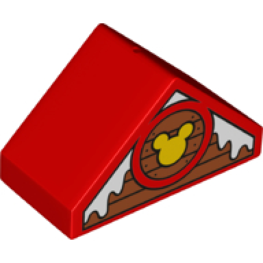 red duplo brick 4 x 2 slope 45 double with snow on boards and mickey mouse logo pattern