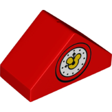red duplo brick 4 x 2 slope 45 double with clock with mickey mouse logo pattern