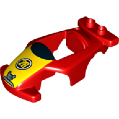 red duplo car body race with black windshield with yellow stripe wide and 28 and mickey mouse pattern