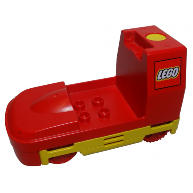 red duplo train passenger locomotive base with yellow battery compartment and red wheels