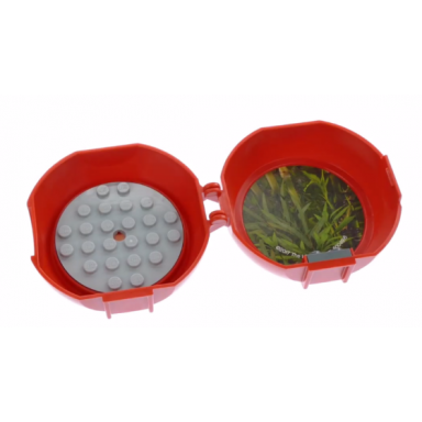 red container pod with light bluish gray 6 x 6 round plate and dark bluish gray 1 x 2 plate with the lego ninjago movie pattern stickers - set 5004916