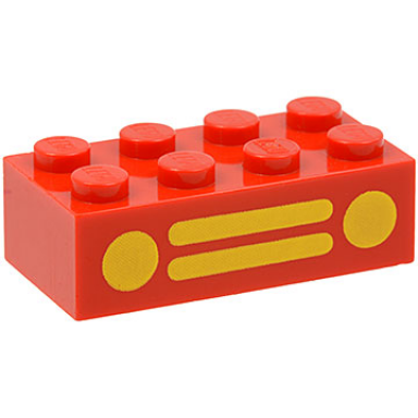 red brick 2 x 4 with yellow car grille and headlights 2 circles and 2 horizontal lines pattern