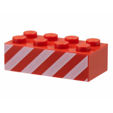 red brick 2 x 4 with angled white danger stripes pattern on both sides
