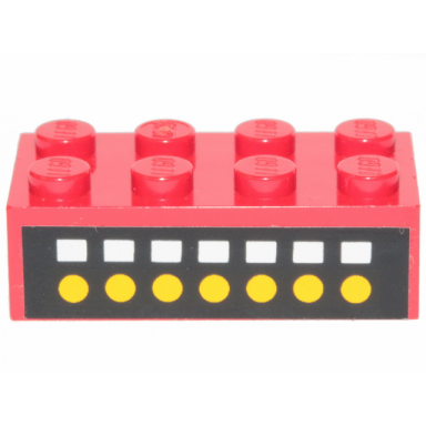red brick 2 x 4 with 7 white squares 7 yellow dots on black pattern sticker - set 6382