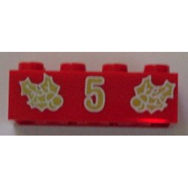 red brick 2 x 4 with gold holly and 5 pattern