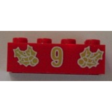 red brick 2 x 4 with gold holly and 9 pattern