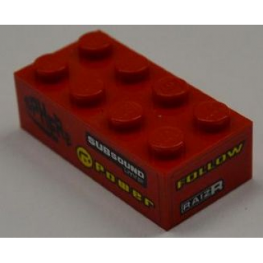 red brick 2 x 4 with sphere subsound limiter and power on left side and follow and raizr on end pattern stickers - set 8186