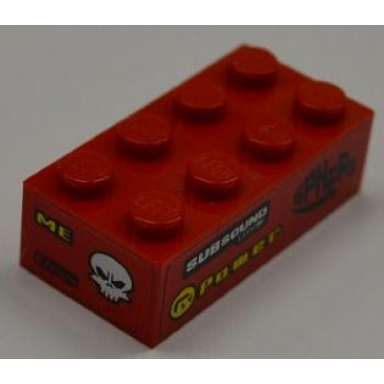 red brick 2 x 4 with subsound limiter power and sphere on right side and me engyne and white skull on end pattern stickers - set 8186