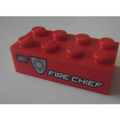 red brick 2 x 4 with white fire chief and silver badge pattern model left side sticker - set 8154