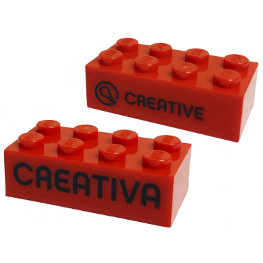 red brick 2 x 4 with black creative and creativa pattern on opposite sides play day 2019