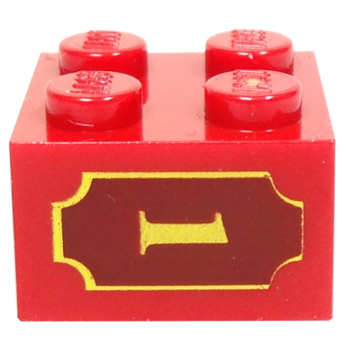 red brick 2 x 2 with yellow 1 and fancy outline pattern on both sides