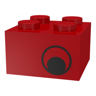 red brick 2 x 2 with black eye offset without white pattern on opposite sides
