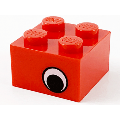 red brick 2 x 2 with black eye offset with white pattern on opposite sides