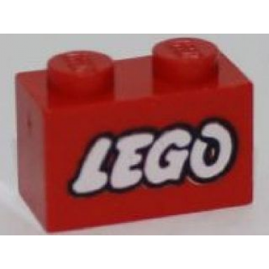 red brick 1 x 2 with lego logo open o style white with black outline pattern