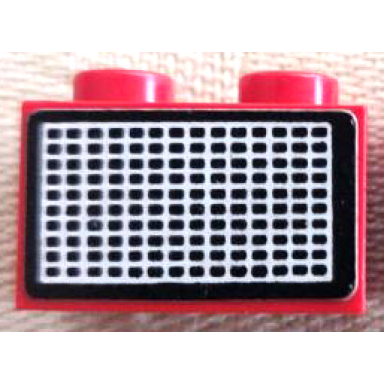 red brick 1 x 2 with white and black grille with rectangular dots pattern sticker - sets 6390 6690