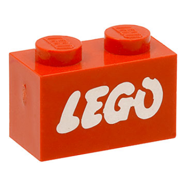 red brick 1 x 2 with lego logo open o style white without black outline pattern samsonite