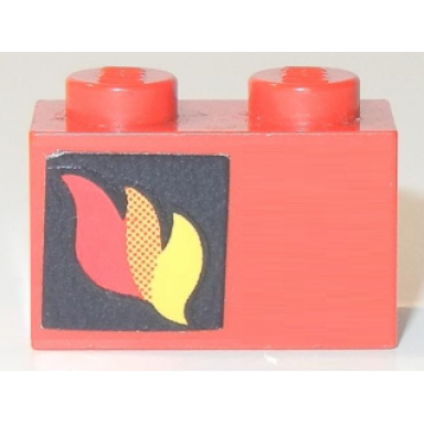 red brick 1 x 2 with classic fire logo pattern left side sticker - sets 556 672