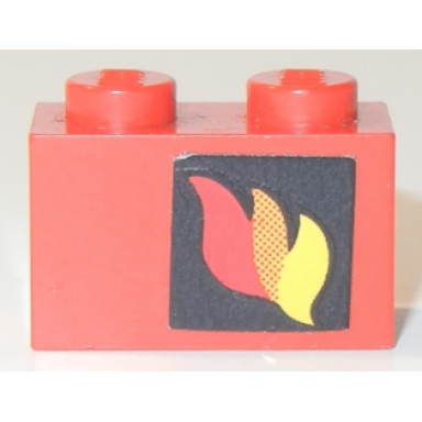 red brick 1 x 2 with classic fire logo pattern right side sticker - sets 556 672