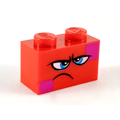 red brick 1 x 2 with dark azure eyes furrowed eyebrows frown and magenta squares on two corners pattern queen watevra wanabi face