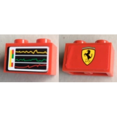 red brick 1 x 2 with screen with performance chart graph on one side and ferrari logo on reverse pattern stickers - set 8144
