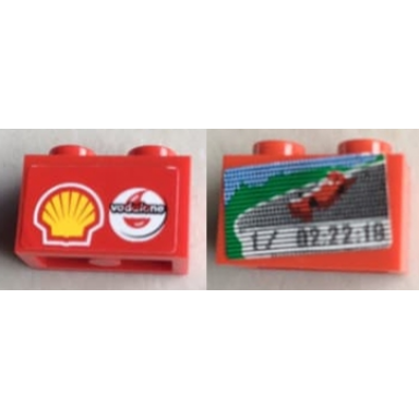 red brick 1 x 2 with screen car and 1 02:22:18 lap time on one side and shell vodafone logo on reverse pattern stickers - set 8144-1
