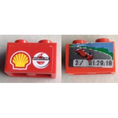 red brick 1 x 2 with screen car and 2 01:29:18 lap time on one side and shell vodafone logo on reverse pattern stickers - set 8144-1