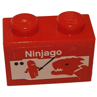 red brick 1 x 2 with lego ninjago set box art red ninja minifigure silhouette with black sword dragon head pattern sticker - sets 40145 40305 and gear 40359