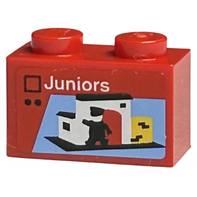 red brick 1 x 2 with lego juniors set box art white building with red door on black baseplate minifigure silhouette pattern sticker - sets 40145 40305 and gear 40359