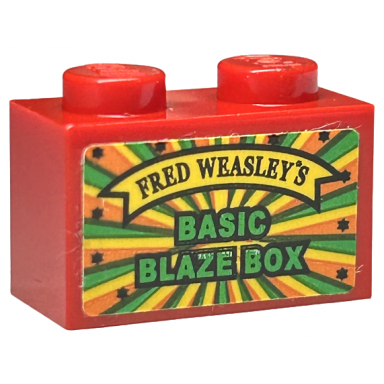 red brick 1 x 2 with black fred weasleys on yellow banner green basic blaze box pattern sticker - set 75978