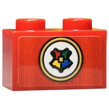 red brick 1 x 2 with hogwarts symbol shield on white circle with gold border pattern sticker - set 76423