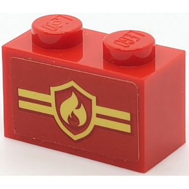 red brick 1 x 2 with bright light yellow fire logo badge and stripes pattern sticker - set 40347