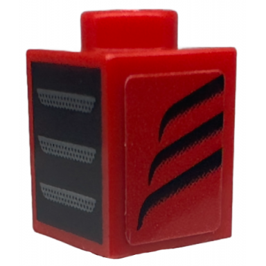 red brick 1 x 1 with dark silver grille air vents on black background and black tapered curved stripes pattern model left side sticker - set 76914
