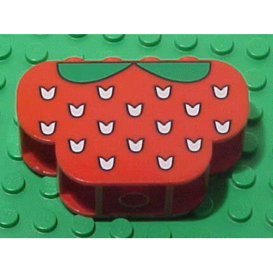 red slope curved 6 x 2 x 3 triple with 8 studs with white flecks and green leaves strawberry pattern