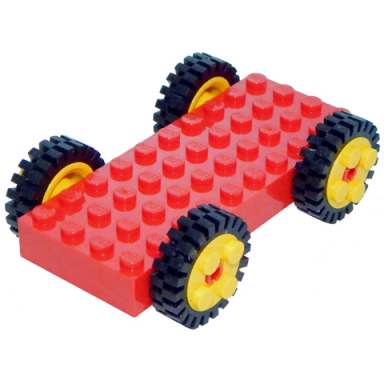 red brick modified 4 x 10 with 4 pins with 4 yellow wheel freestyle with technic pin hole and 4 black tire 24mm d x 8mm offset tread - interior ridges 30076 6248 3483