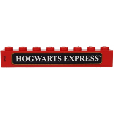 red brick 1 x 8 with white hogwarts express on black background with gold border and ©wb pattern sticker - set 4708