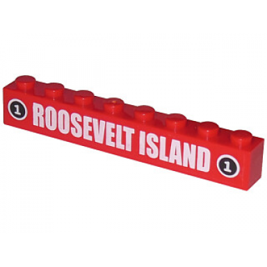 red brick 1 x 8 with white roosevelt island and 1 in black circle pattern sticker - set 4852