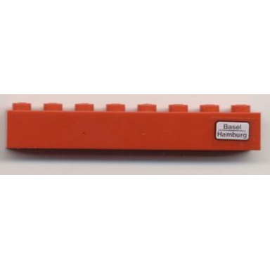red brick 1 x 8 with basel - hamburg pattern on right side sticker - set 7745