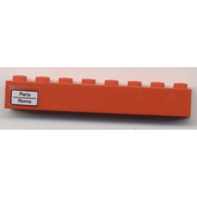 red brick 1 x 8 with paris - roma pattern on left side sticker - set 7745