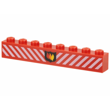 red brick 1 x 8 with fire logo badge and white danger stripes pattern