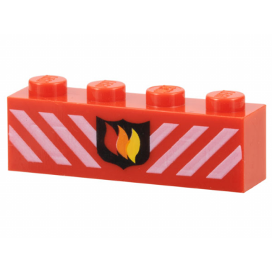 red brick 1 x 4 with fire logo badge and white danger stripes pattern