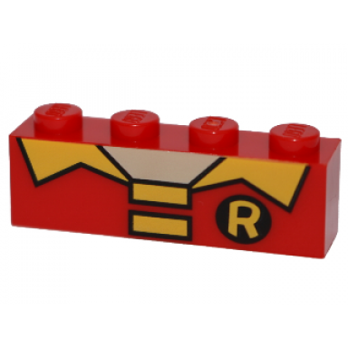 red brick 1 x 4 with light nougat neck and yellow collar 2 rectangles and letter r on black circle pattern brickheadz robin chest