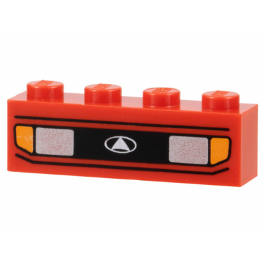 red brick 1 x 4 with silver car headlights orange signal lights black grille with white triangle in oval logo pattern