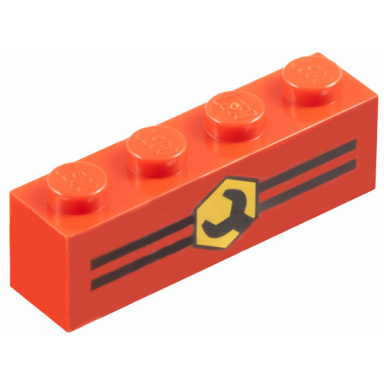 red brick 1 x 4 with wrench head in yellow hexagon on black stripes pattern
