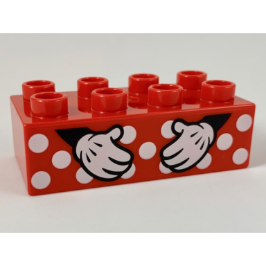 red duplo brick 2 x 4 with white polka dots and minnie mouse hands pattern